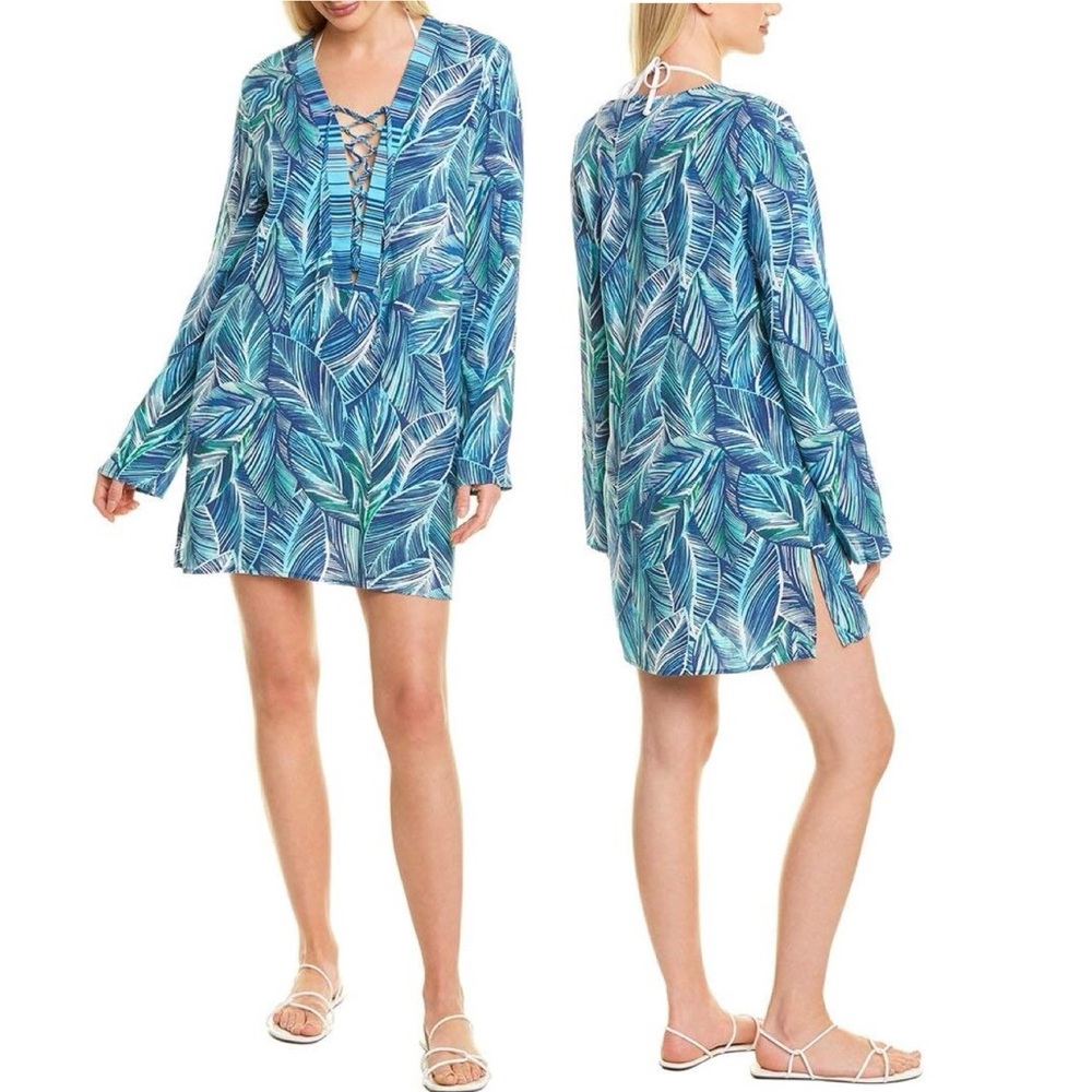 LA BLANCA Wo Sketched Leaves Tunic Cover-Up - Pool